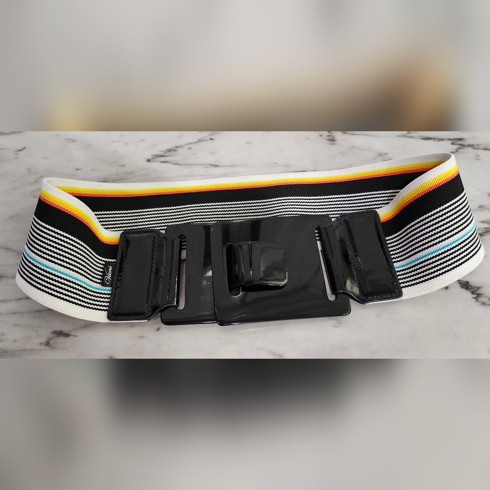 Vans Women's Wide Black and Multicolor Elastic Stretch Belt With Plastic Buckle